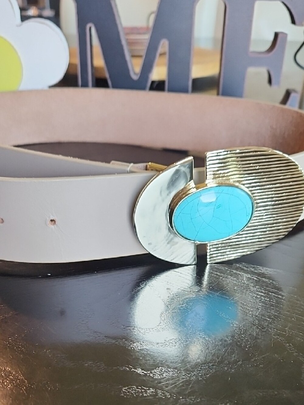 Women's Taupe Belt with Turquoise Accent Buckle - Picture 2 of 3